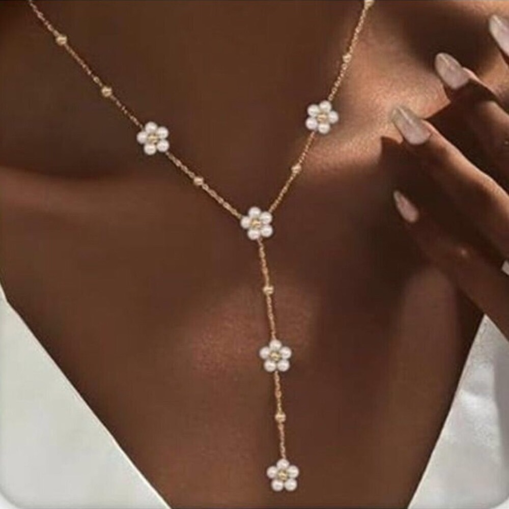 Lab Pearl Tone Necklace Women Daisy Pearls Choker Faux Pearl 24k Gold Plated new